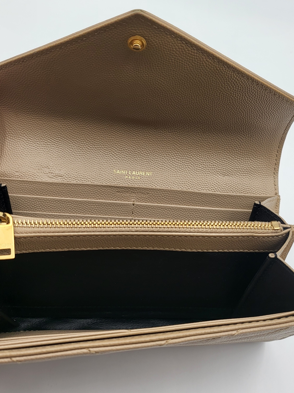 YVES SAINT LAURENT Grain De Poudre Matelasse Chevron Flap Wallet Dark Beige Auth - Picture 6 of 16
